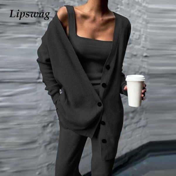 

women's two piece pants 2021 women three pices set autumn winter knitted solid cardigan tank and casual loose long female suit trac, White