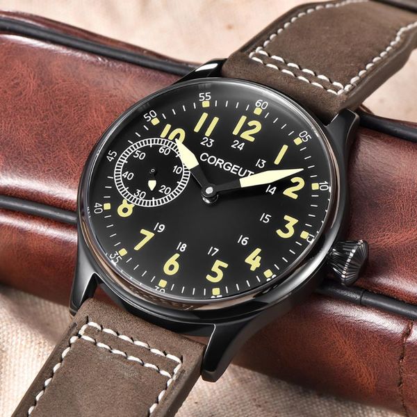

wristwatches corgeut mode leder leucht mechanische handaufzug uhr 17 juwelen st3600 seagull 6497 bewegung sport handgelenk mann, Slivery;brown