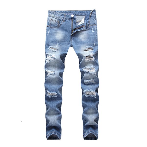 

2021 new spring light blue ripped jeans straight-leg korean men's male slim trousers trend men scratched beggar pants ec62
