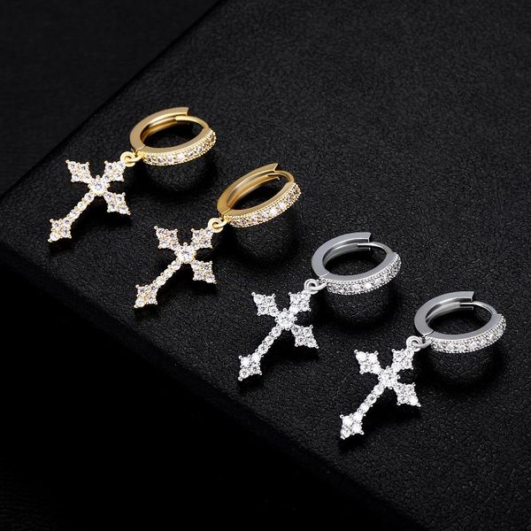 

stud fashion hip hop christ cross pendant earring micro-inlaid zircon religion personality accessories gifts jewelry, Golden;silver