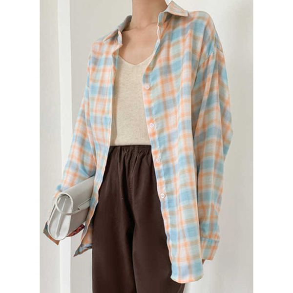 

spring autumn korea fashion women long sleeve loose plaid shirt coat all-matched casual long blouse shirts female d576 210608, White