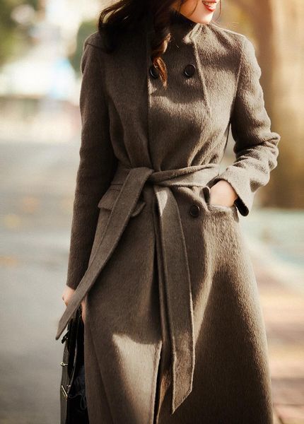 

women's wool & blends double breasted lace up woolen overcoat thickened winter small temperament, Black