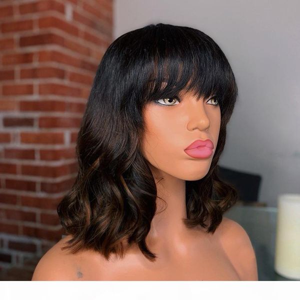 

mongolian highlight body wave human hair wigs with bangs 180density short bob fringe full lace wigs for women 13x4 360 frontal, Black