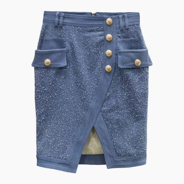 

stylish designer skirt women's metal lion buttons denim 210526, Black