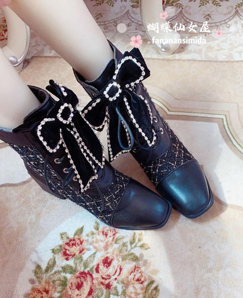 

boots womens rhinestones crystal butterfly big bowknot round toe ankle block high heels plaid check girls shoes lace up 2021, Black