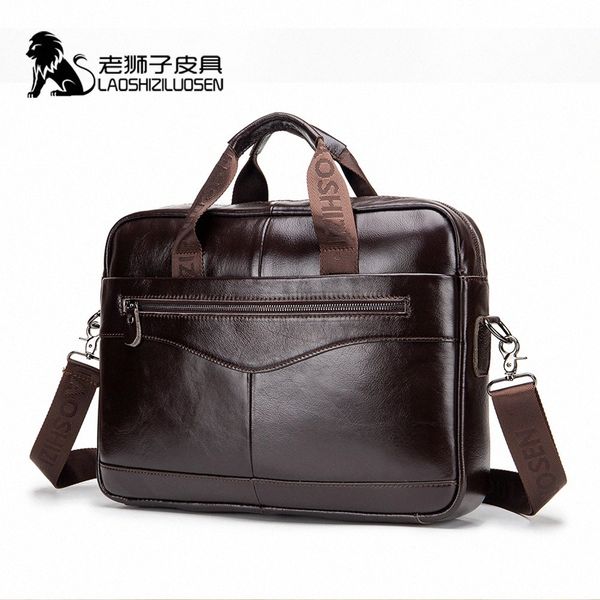

laoshizi luosen mens genuine leather bag briefcase messenger bag men leather work bolso hombre 91504 w8cp#