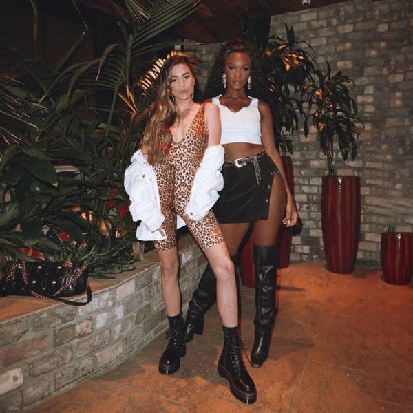 

women's jumpsuits & rompers lady leopard pattern jumpsuit v-neck slim casual female summer sleeveless bodycon playsuit short pants club, Black;white