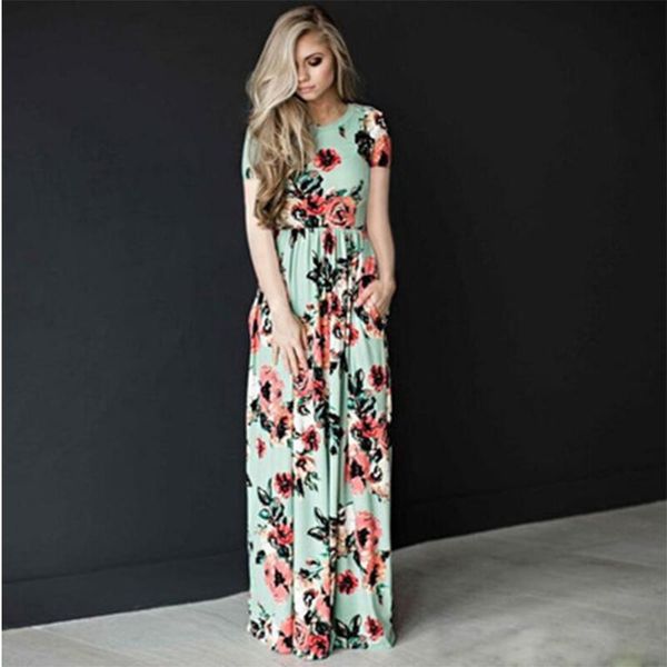 

casual dresses women long maxi dress summer floral print boho beach sleeve evening party tunic vestidos plus size s-xxxl, Black;gray