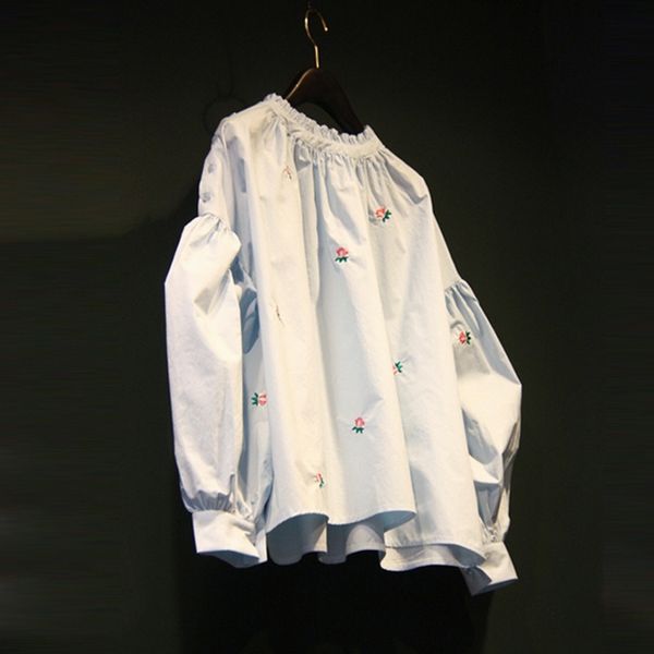 

spring autumn embroidered shirt full loose all match o-neck women 210615, White