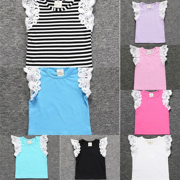 

kids summer t-shirt baby lace solid color stripe printed fly sleeve vest fashion baby girls sleeveless blouse tee clothes h23lgaf, Blue