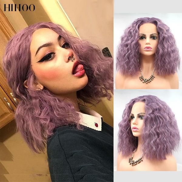 

synthetic wigs bob wig short hair afro kinky curly for black women cosplay lolita lace front pink purple 14inch