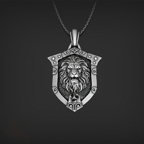 

lion shield pendant men's hip hop animal necklace titanium steel chain punk accessories, Silver