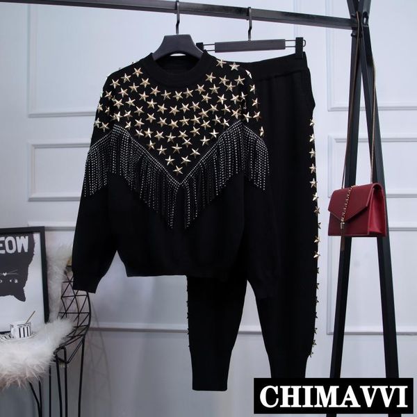 

women's two piece pants autumn streetwear women sets retro gold stars tassel pullover sweater knitted female plus size tracksuit, White