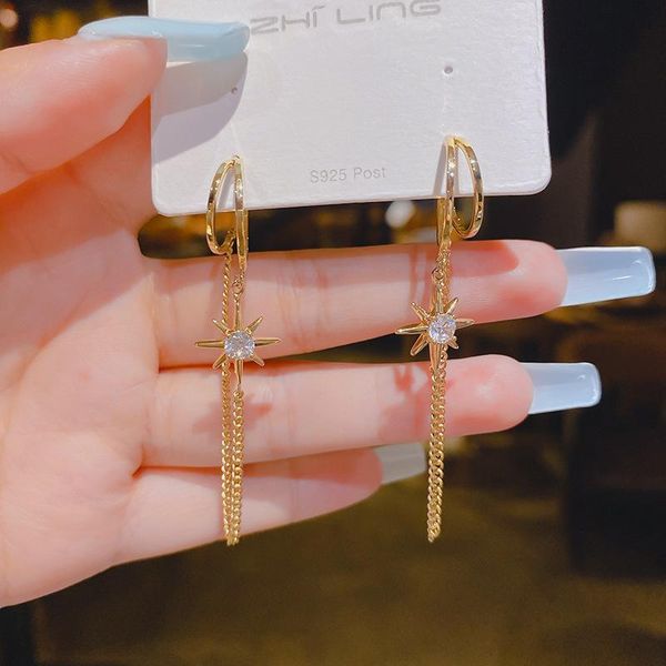 

dangle & chandelier fashion simple personality pentagram star hanging drop earrings korean metal chain women's jewelry, Silver