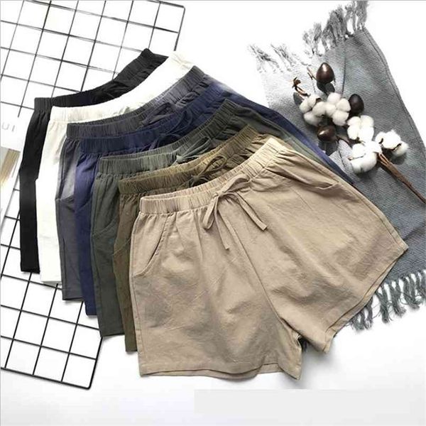 Mulheres Verão Linho Shorts Algodão e Linho Calças Alto Cintura Senhora Solta Creecas Confortáveis ​​Garims 'Casual Garments 210714