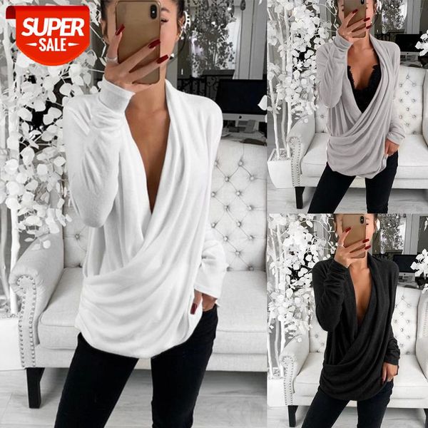 

elegant deep v neck long sleeve overlap ladies loose autumn t shirt female black grey white casual t shirts women clothing #ju0e
