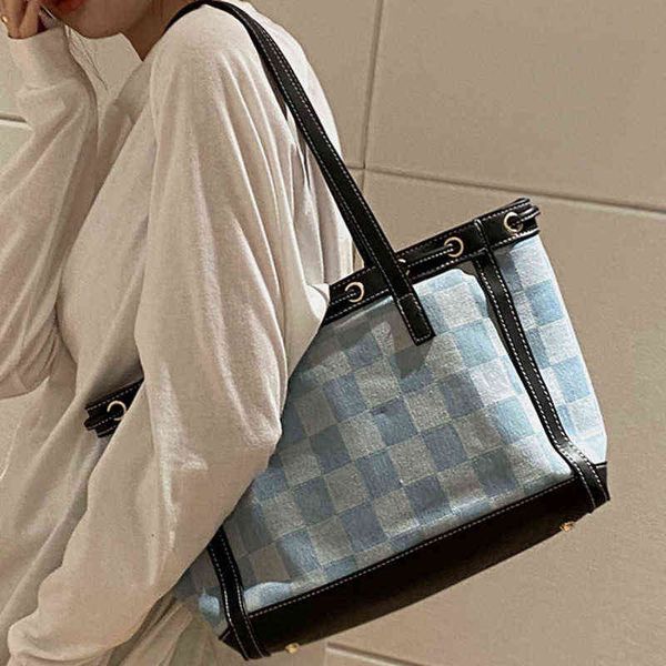 

shopping bags denim canvas women s new trendy fashion plaid tote niche one shoulder retro hand held armpit 220307