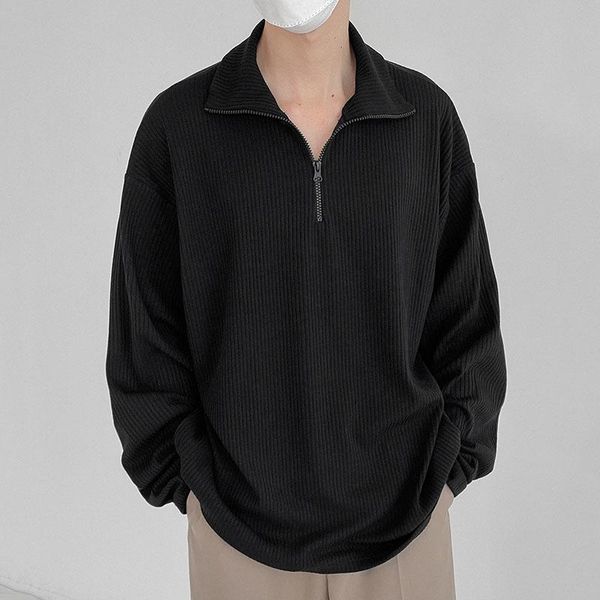 

men's sweaters half-height zipper design lapel pullover sweater 2021 autumn winter long-sleeved loose basic kinttwear for male, White;black