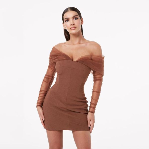 

autumn new pure color temperament mini dress 2021 ladies off-shoulder mesh lace sleeve elegant party vestidos, Black;gray