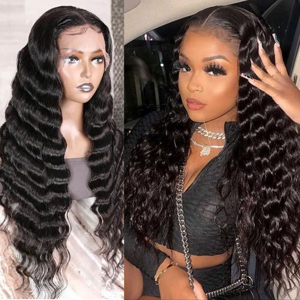 

lx brand long loose deep wavy lace wigs glueless lace front wig glueless wig for women synthetic heat resistantfactory direct, Black