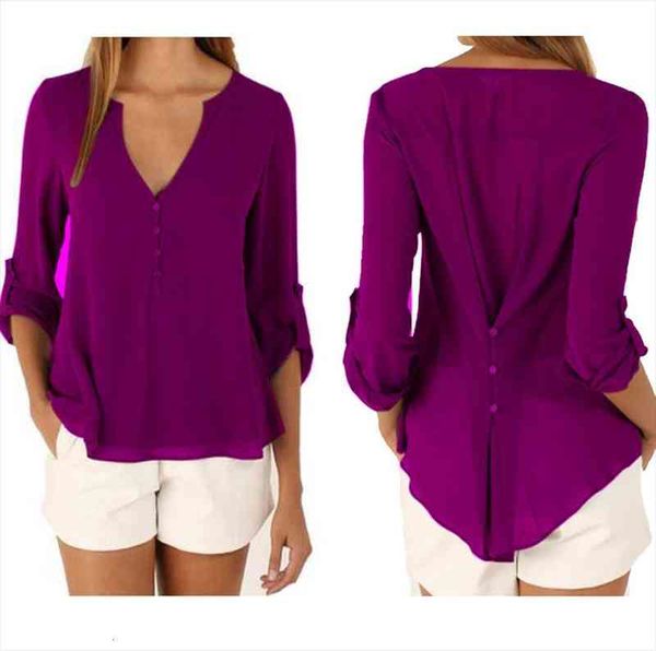 

autumn fashion women deep v-neck button long sleeve ladies chiffon shirts solid elegant casual blouse, White