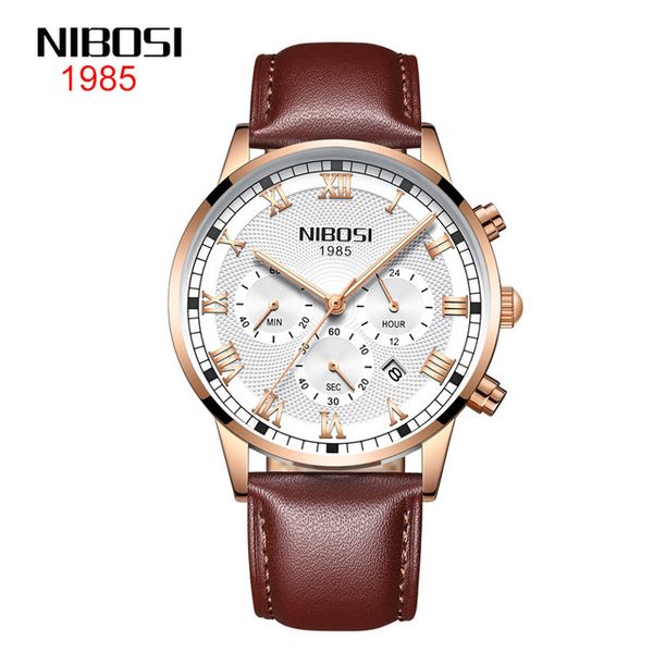 

10 style new nibosi fine leather strap bands watch waterproof quartz three-eye six-needle luminous white dail rose gold shell, Slivery;brown