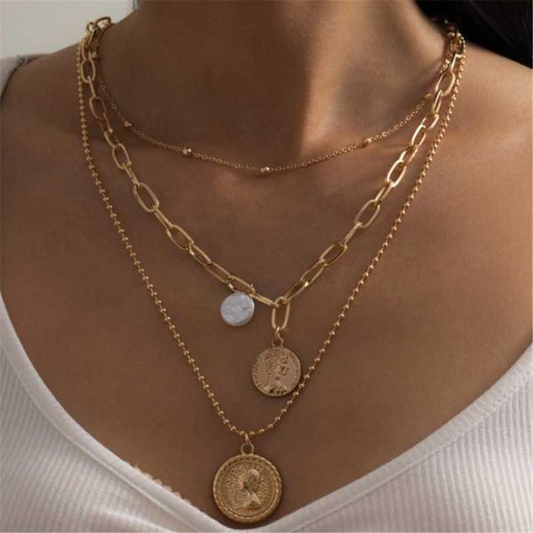 

pendant necklaces diezi multilayer baroque pearl chain necklace fashion vintage human head carved coin women statement jewelry, Silver