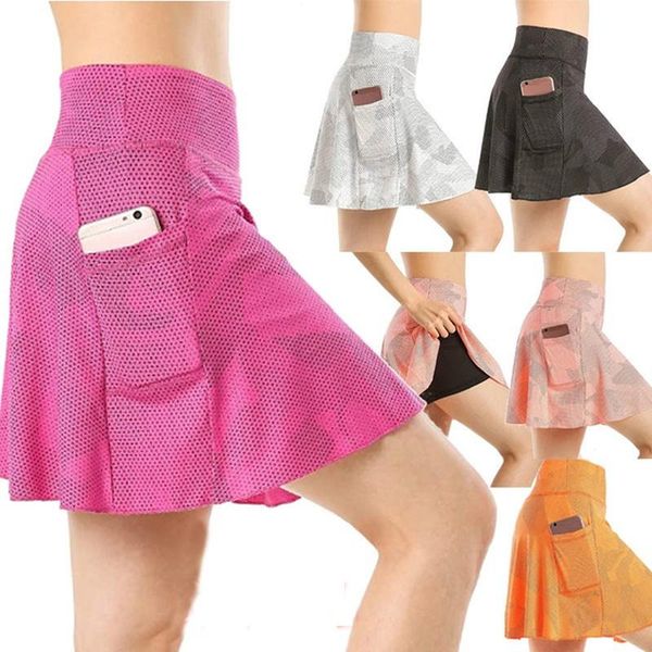 

yoga shorts skirt women golf skort tennis running workout skort two layers high waist sport dress with pocket plus size skirts, White;red