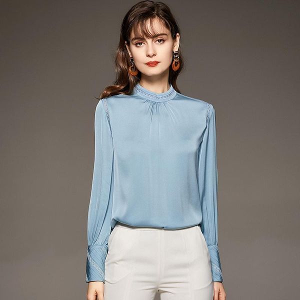 

women's blouses & shirts real silk satin shirt elegant stand collar long sleeve hollow out spring autumn office lady solid blouse, White