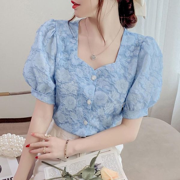 

women's blouses & shirts embossed puff sleeve women blouse v-neck slim korean fashon lady single-breasted summer shirt, White