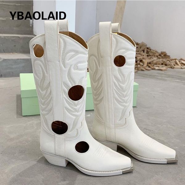 

boots white vintage embroidery hollow mid-heel knight 2021 genuine leather thick-heeled high-heeled western cowboy, Black