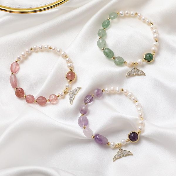 

link, chain women's pink crystal bracelet freshwater pearl zircon fishtail stone fashion jewelry accessories, Black
