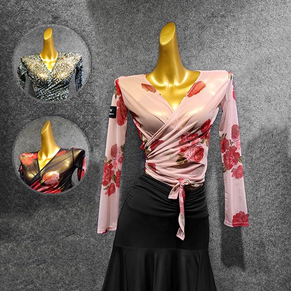

latin dance female spandex mesh front and back wearing long-sleeved shirts women competitive latin vdb1117, Black;red