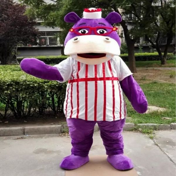 Costume della mascotte dell'ippopotamo viola di Halloween Personaggio dei cartoni animati di alta qualità Personaggio a tema per adulti Taglia Natale Carnevale Festa di compleanno Vestito da esterno