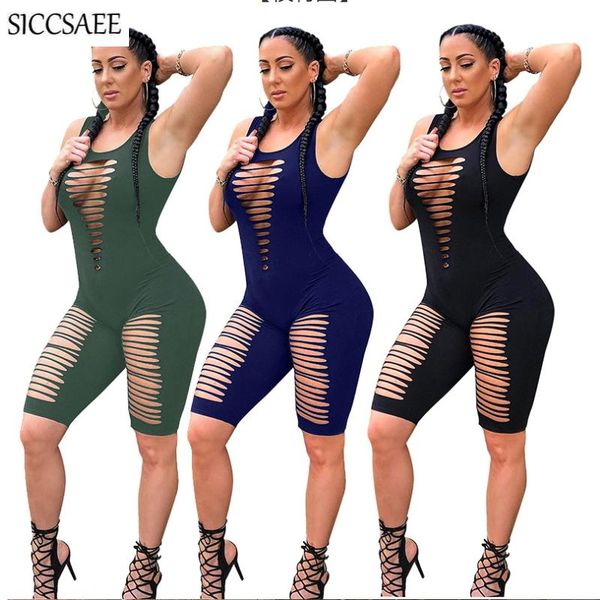 

cut hole burn out tank knee length bodycon bodysuit for women one piece bandage playsuits solid color plus size jumpsuits, Black;white