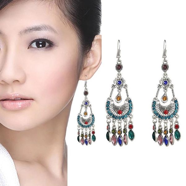 

bohemian dangle earrings for women ethnic colorful rhinestone tassel earrings gypsy statement, Silver