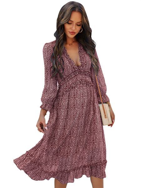 

women chiffon long dress floral print lantern sleeve a-line maxi vestidos autumn new elegant vintage v neck winter dresses 030405 2021 top, Black;gray