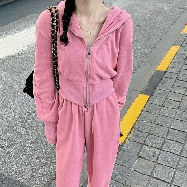 

women's two piece pants autumn winter casual set women long sleeve hooded cardigan coat jacket and drawstring 2 pieces suits, White