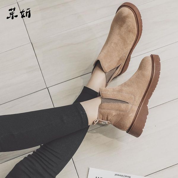 

boots women elastic band female motorcycle slip on round toe casual plus size british style 2021, Black