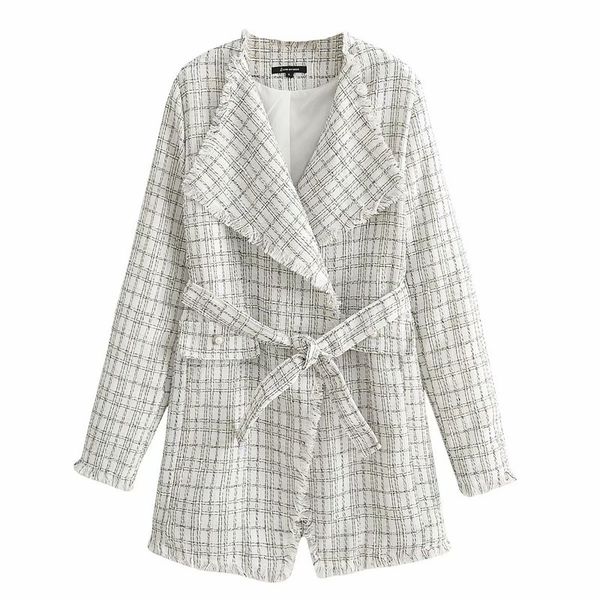 

2021 new vintage stylish black white wrap elegant coat with beit autumn long sleeve plaid frayed ee outwear womens pted
