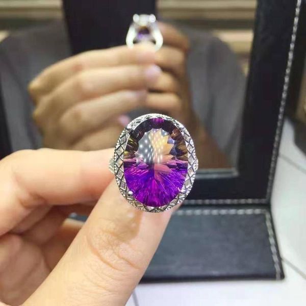 

cluster rings high-quality amethyst oval ring real 925 silver fine fashion large grain stone jewelry for women, Golden;silver