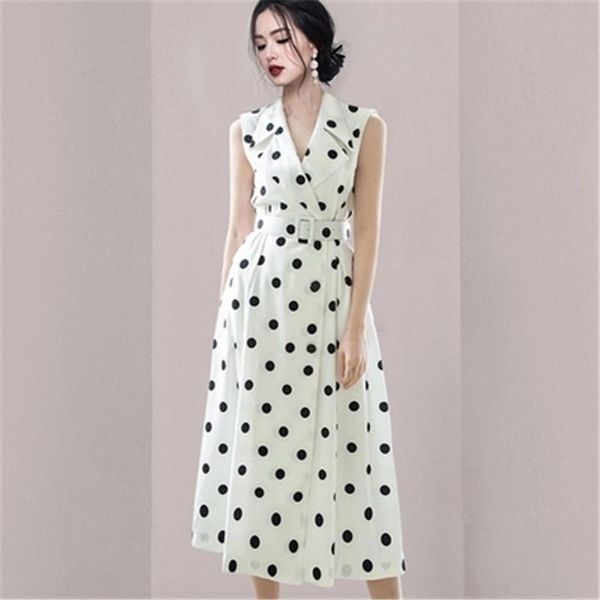 

casual dresses chic womensummer sundresses elegant polka dot midi dress 2021 korean fashion holiday sleeveless long femme clothing robe, Black;gray