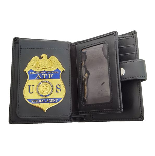 

multi functional men's wallet bag with us atf metal badge, Brown;gray