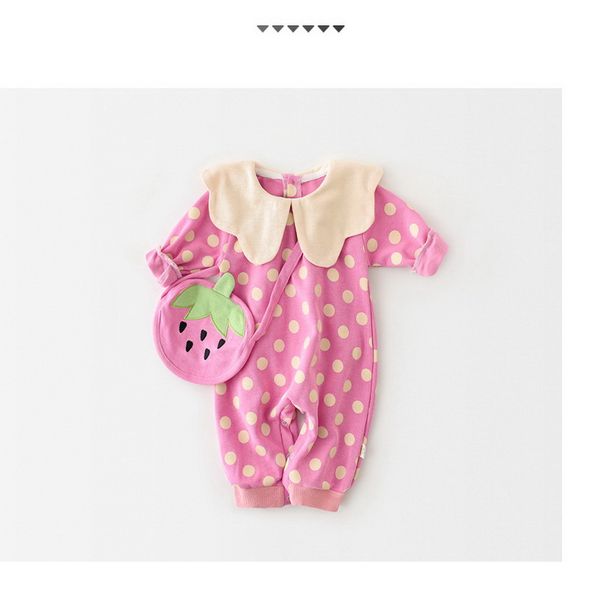 

wholesale 2021 new spring baby girl boy romper long sleeves dot peter pan collar with strawberry bag jumpsuit kids clothes e1026, Blue