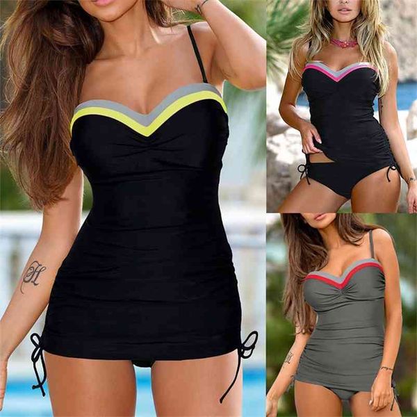 Costumi da bagno Donna Taglie forti 3XL Tankini Reggiseno imbottito con spalle scoperte nero Costume da bagno push-up solido da spiaggia 210621