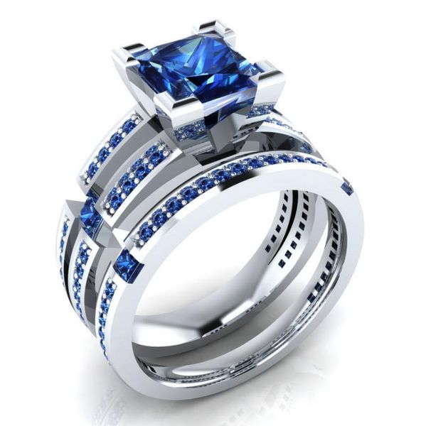 

cluster rings 2021 luxury blue color princess 925 sterling silver wedding ring set for women lady anniversary gift jewelry bulk sell r5862, Golden;silver