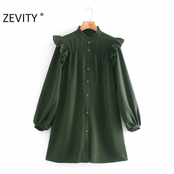 

zevity new women agaric lace solid color pleats shirt dress office ladies lantern sleeve breasted casual business vestido ds4601 210303, Black;gray
