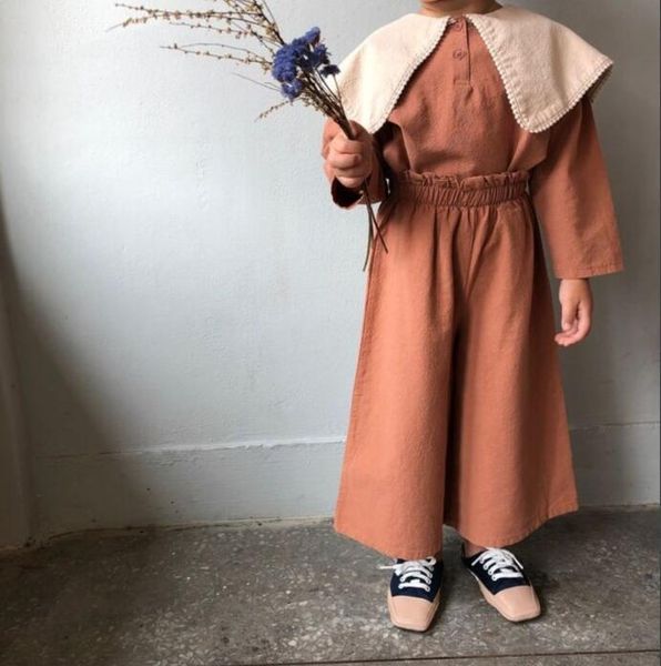 

spring new girls casual cotton and linen high waist wide leg pants kids pants, Blue