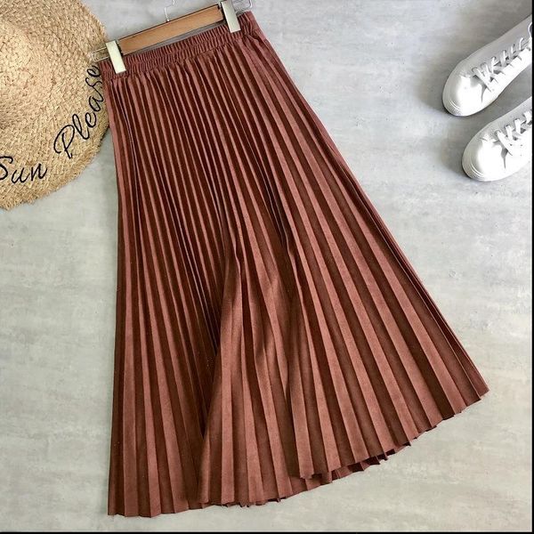 

women winter long skirts suede leather pleated midi skirts solid color office lady korean style high waist 80cm mid calf, Black