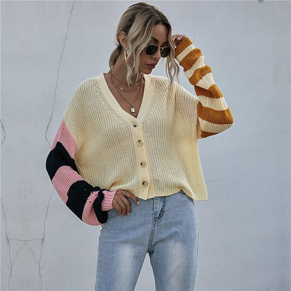

fashion patchwork jumper cardigans autumn winter striped full sleeve knitted sweater for women 2021 new 3nn7, White;black